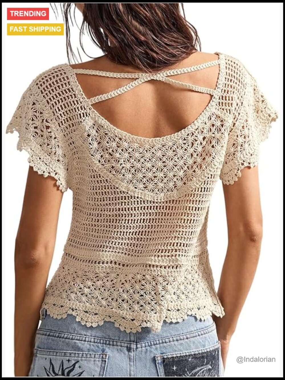 Boho Crochet Hollow Out Sweater Short Sleeve Backless Beach Coverup